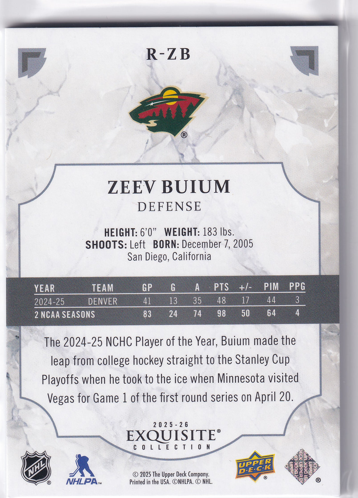 2025-26 Black Diamond Hockey Zeev Buium Exquisite Collection Rookie 140/399 R-ZB
