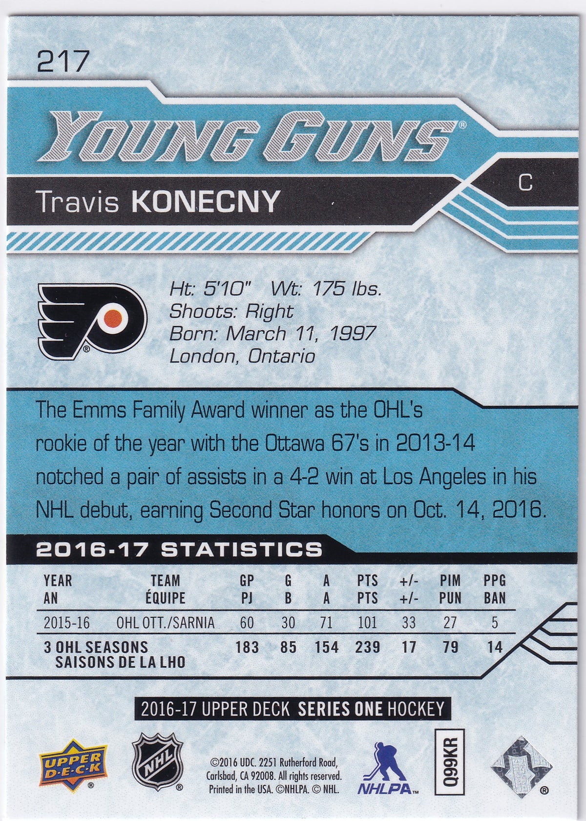 2016-17 Upper Deck Series One Travis Konecny Young Guns #217