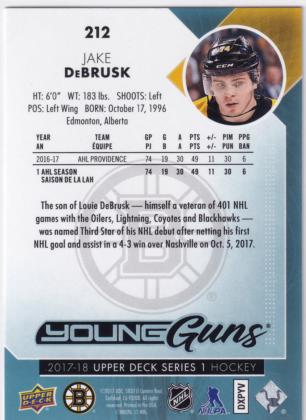 2017-18 Upper Deck Series One Jake DeBrusk Young Guns #212