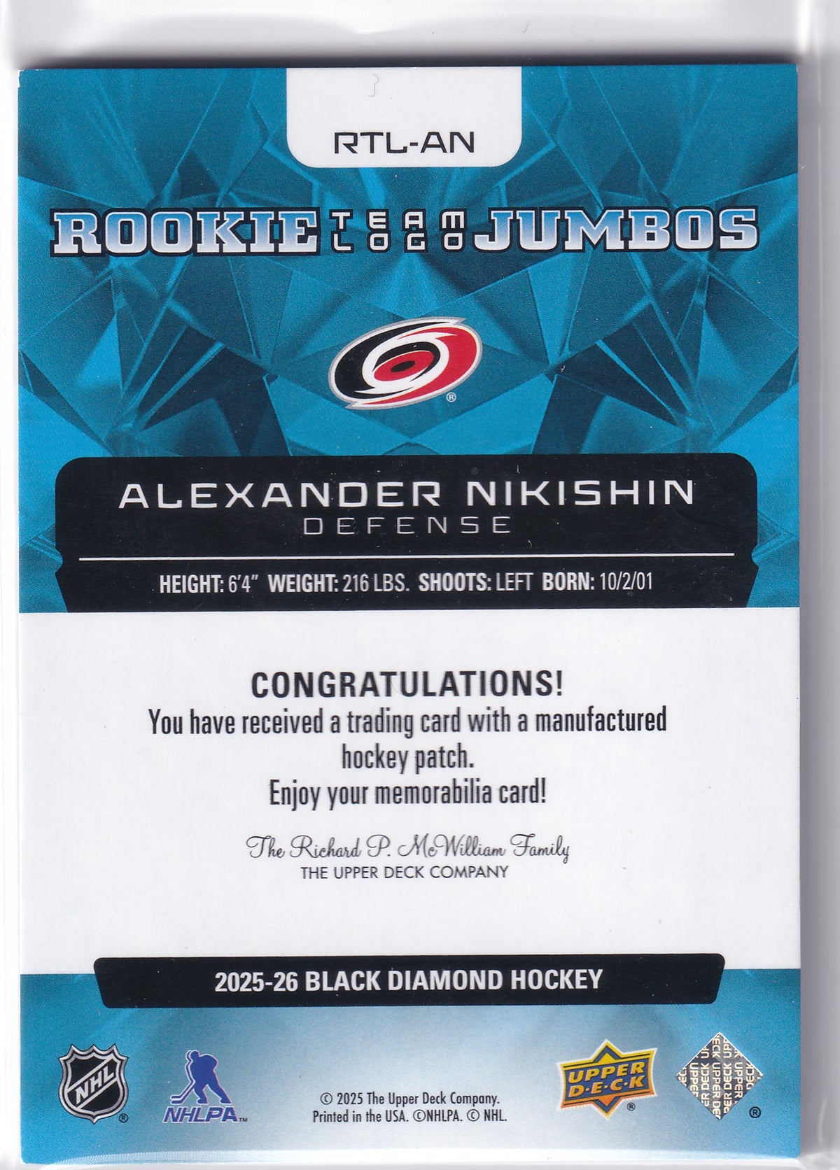 2025-26 Black Diamond Hockey Alexander Nikishin Rookie Team Logo Jumbos RTL-AN
