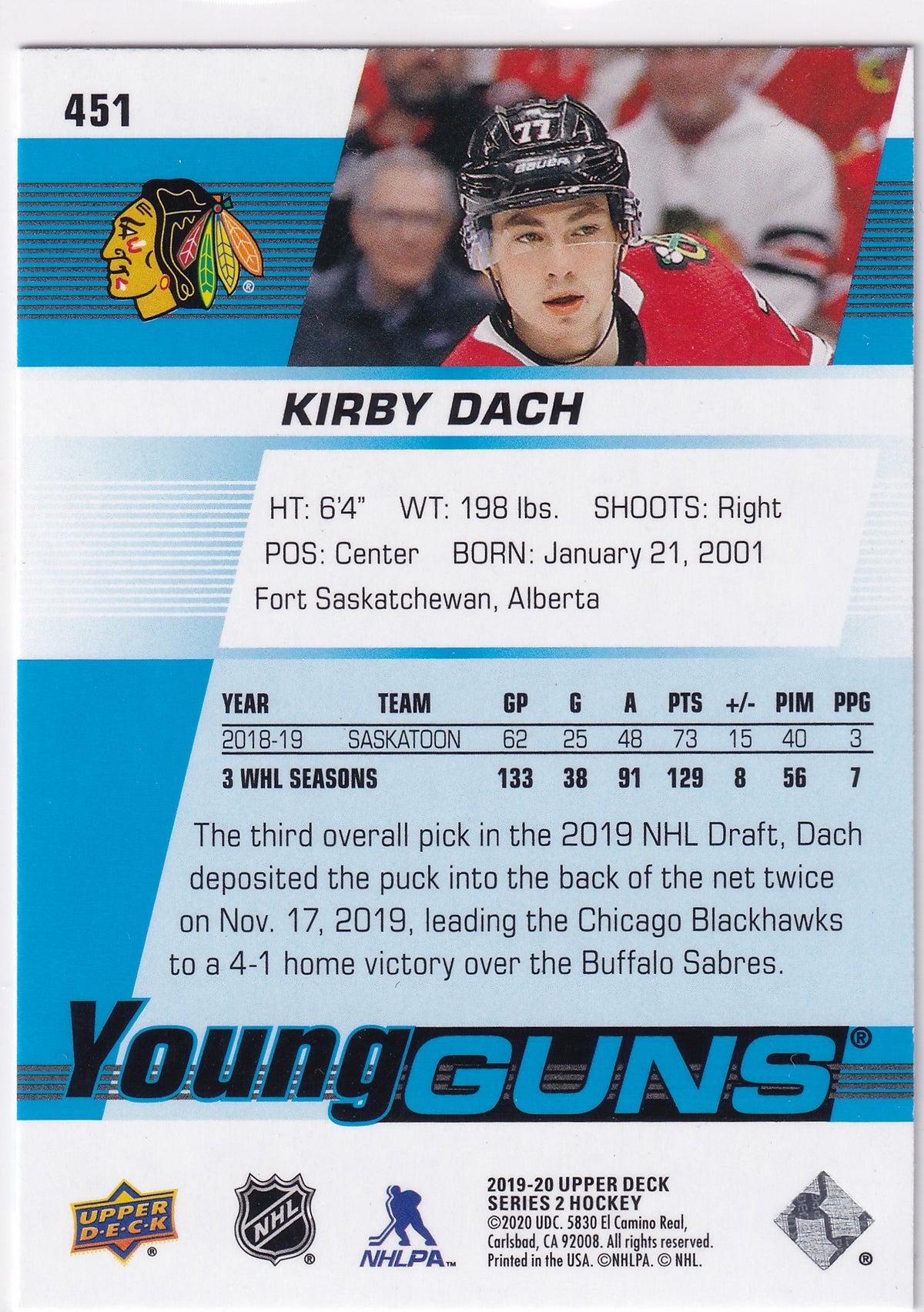2019-20 Upper Deck Series Two Kirby Dach Young Guns #451