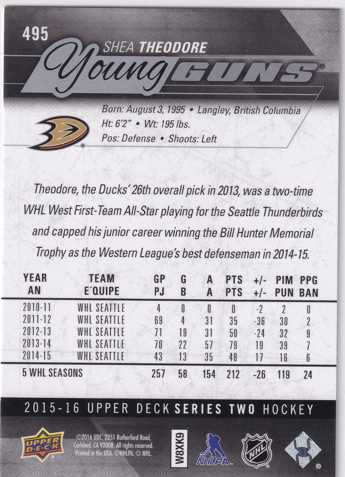 2015-16 Upper Deck Series Two Shea Theodore Young Guns #495