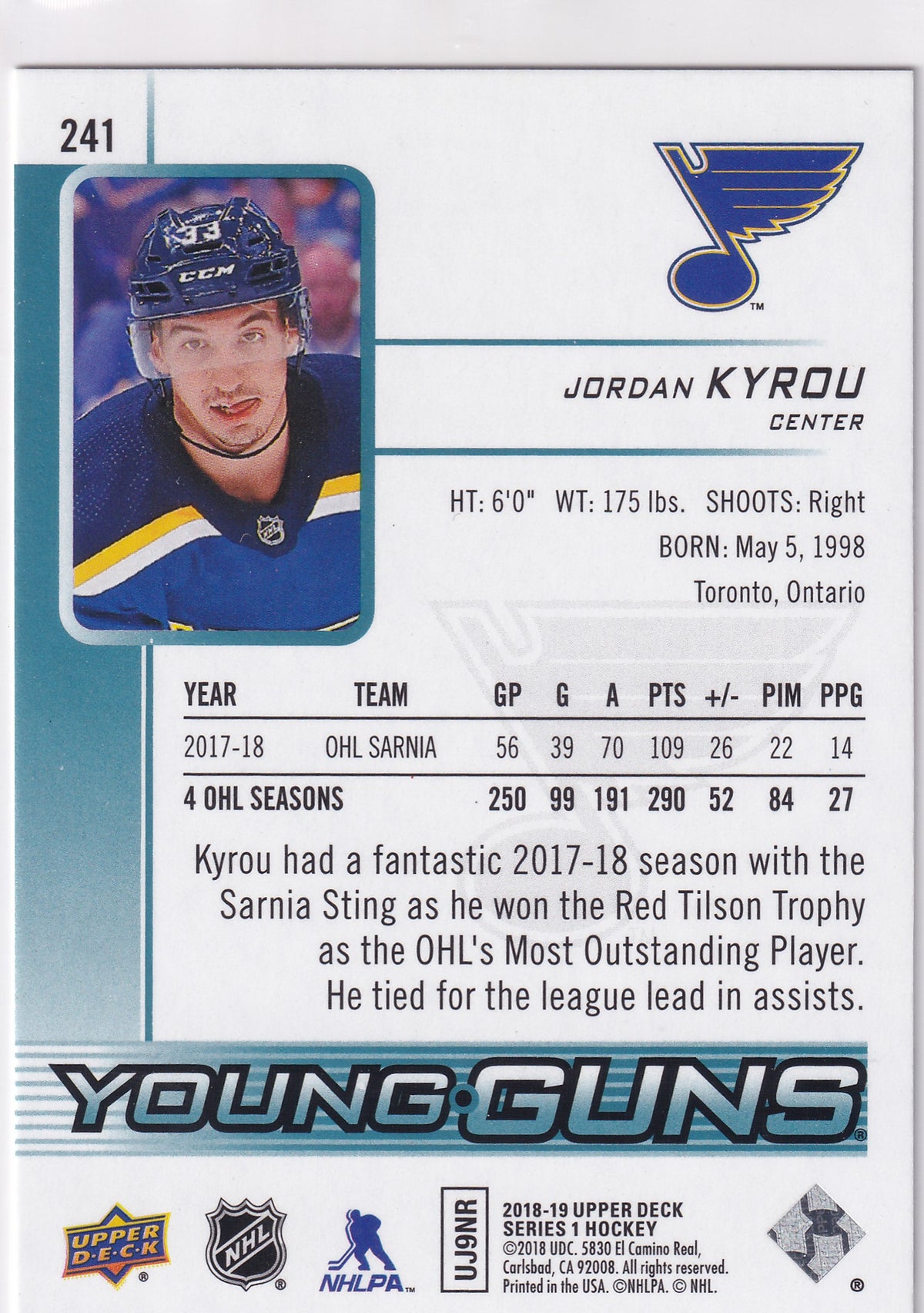 2018-19 Upper Deck Series One Jordan Kyrou Young Guns #241