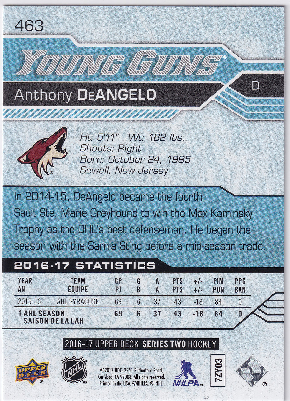 2016-17 Upper Deck Series Two Anthony DeAngelo Young Guns #463