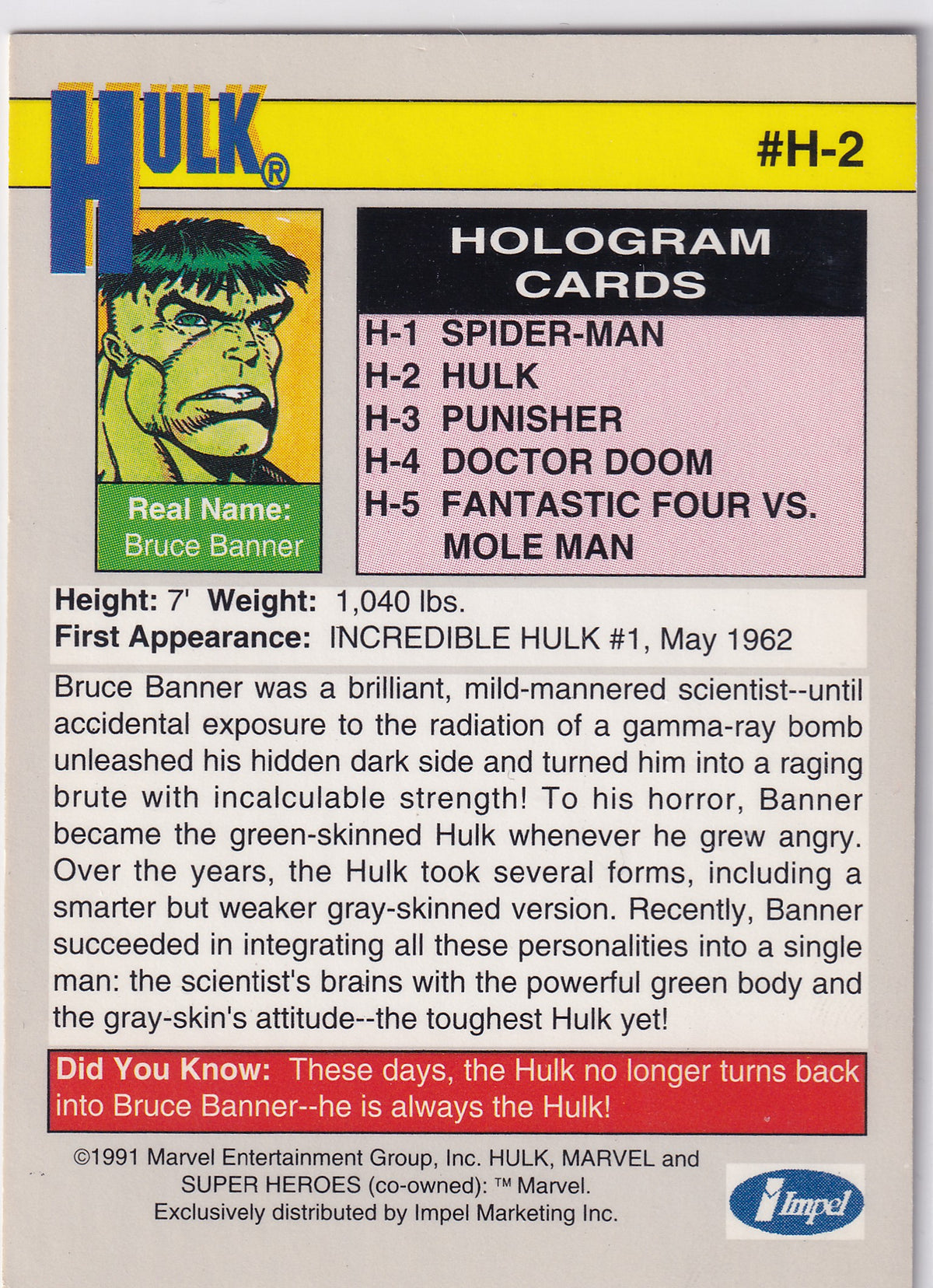 1991 Marvel Hulk Hologram H-2