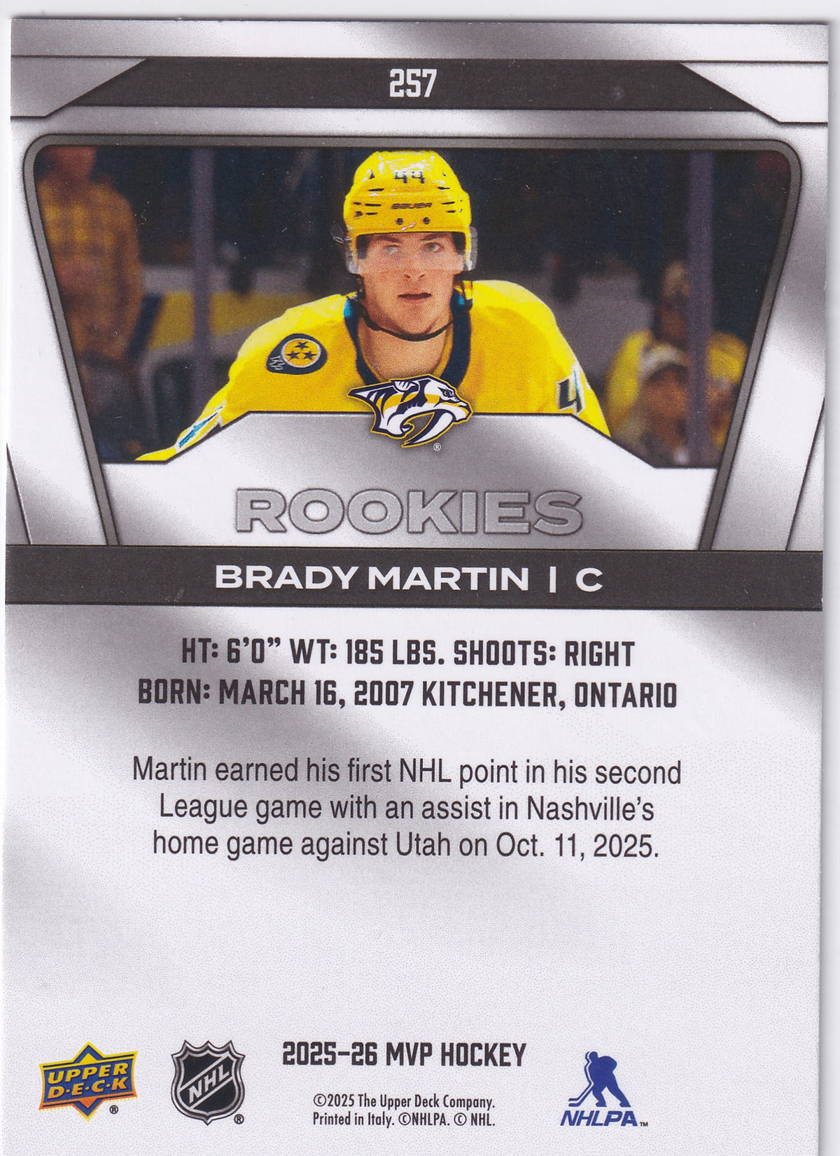 2025-26 Upper Deck MVP Silver Collection Brady Martin Rookie #257