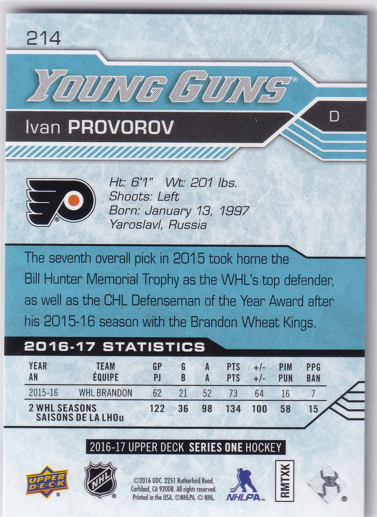 2016-17 Upper Deck Series One Ivan Provorov Young Guns #214