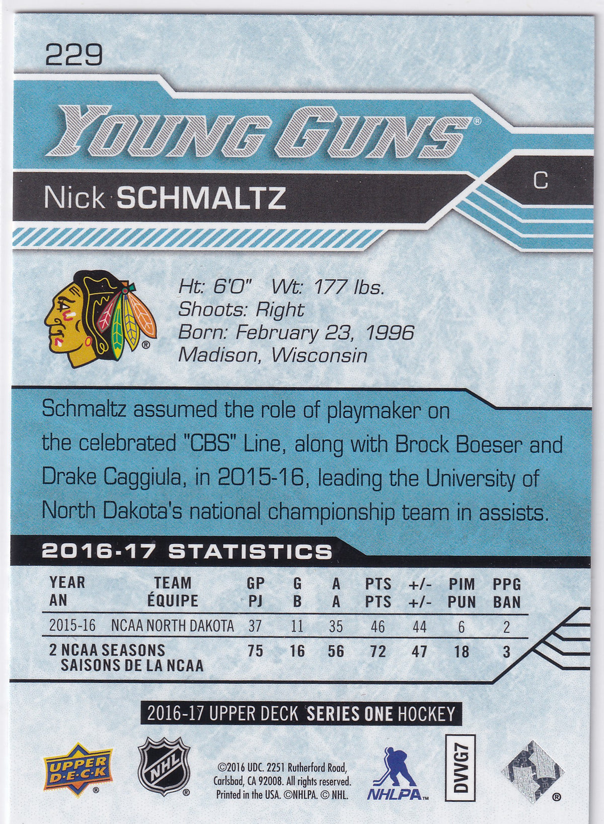2016-17 Upper Deck Series One Nick Schmaltz Young Guns #229