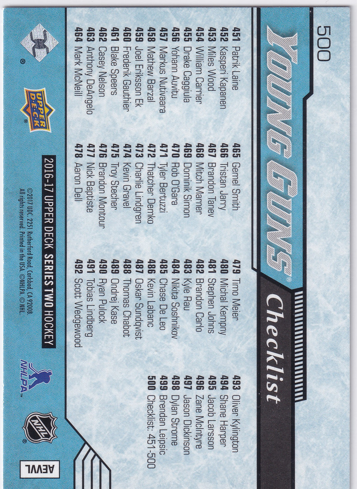 2016-17 Upper Deck Series Two Mitch Marner Patrik Laine Young Guns Checklist #500