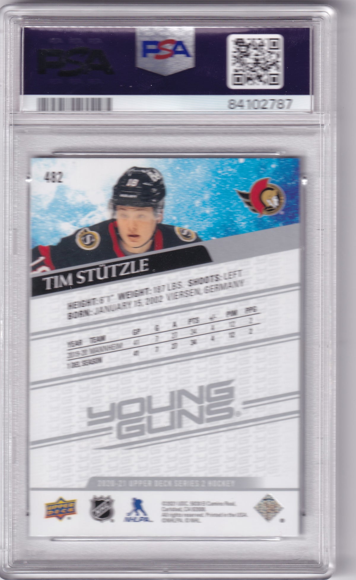 2020-21 Upper Deck Series Two Tim Stutzle Young Guns #482 PSA 10