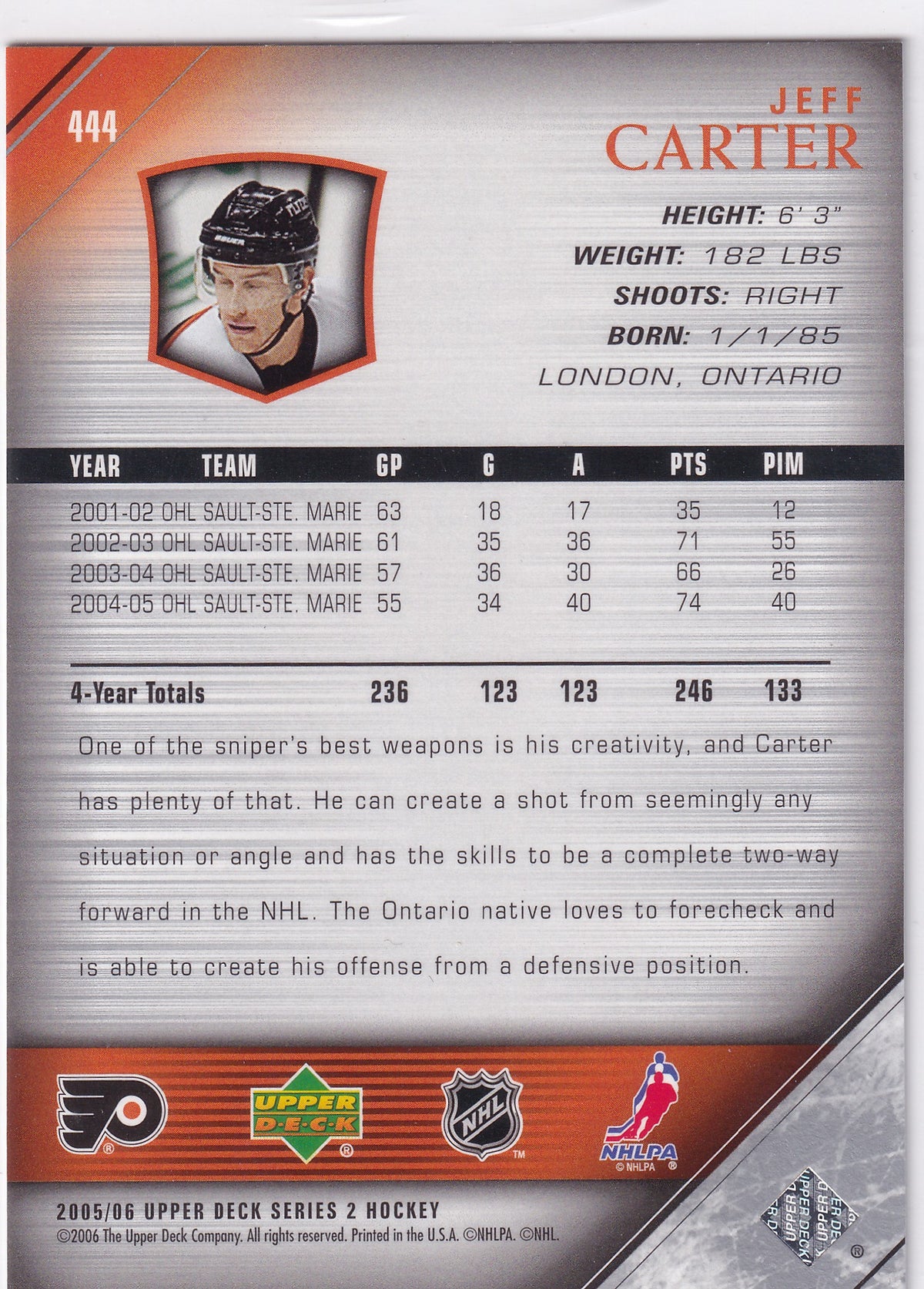 2005-06 Upper Deck Series Two Jeff Carter Young Guns #444