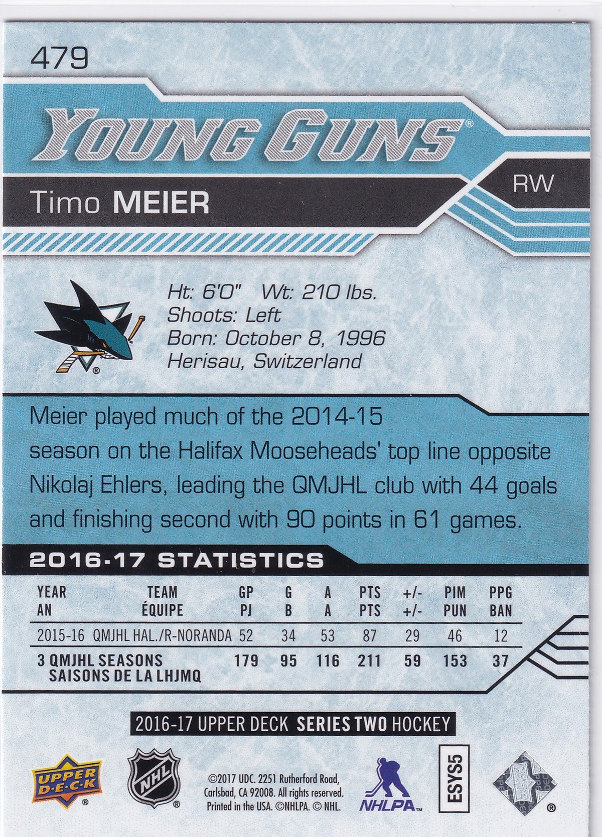 2016-17 Upper Deck Series Two Timo Meier Young Guns #479