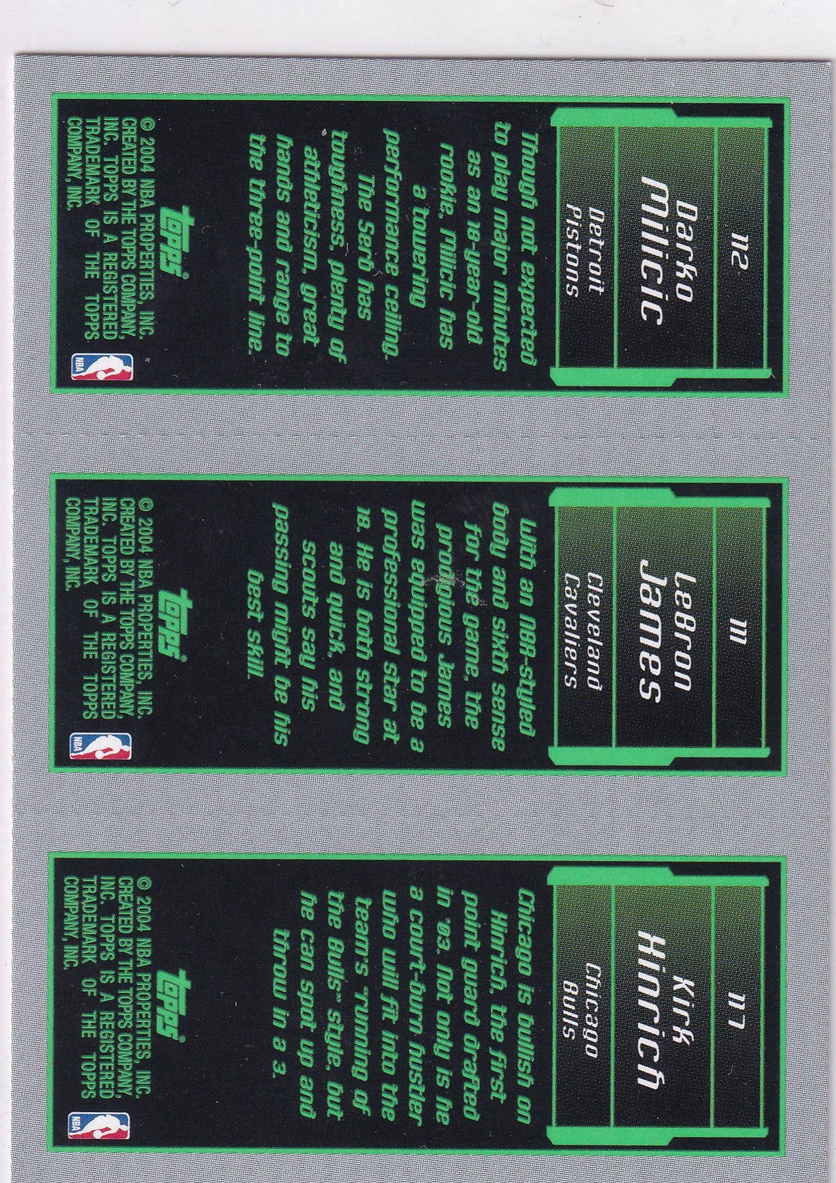 2003-04 Topps Rookie Matrix LeBron James Kirk Hinrich Darko Milicic RC