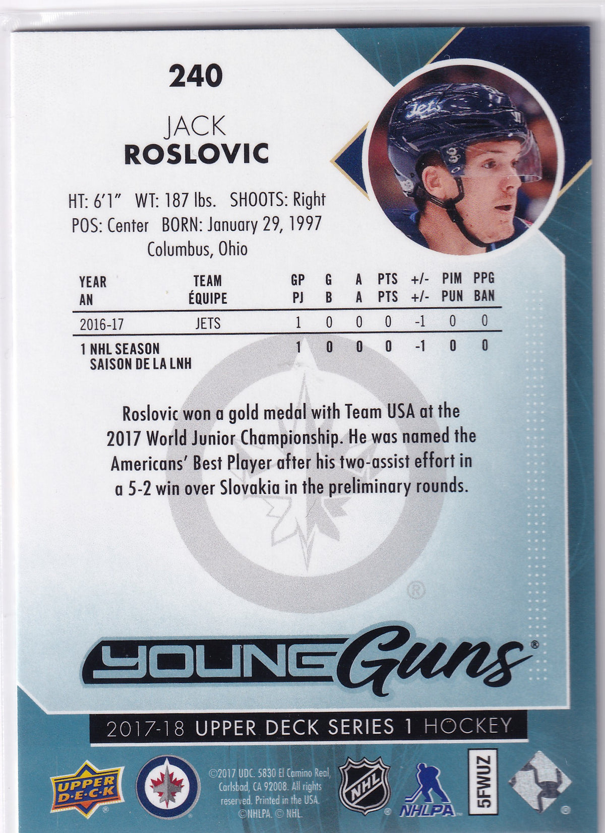 2017-18 Upper Deck Series One Jack Rosovic Young Guns #240