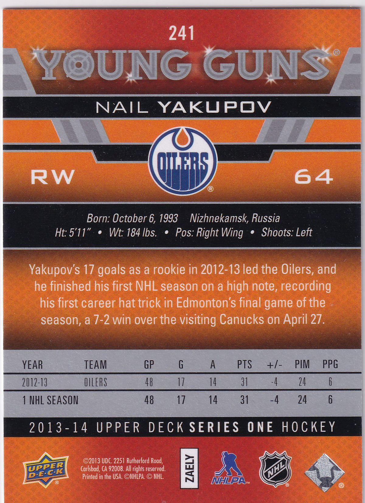 2013-14 Upper Deck Series One Nail Yakupov Young Guns #241