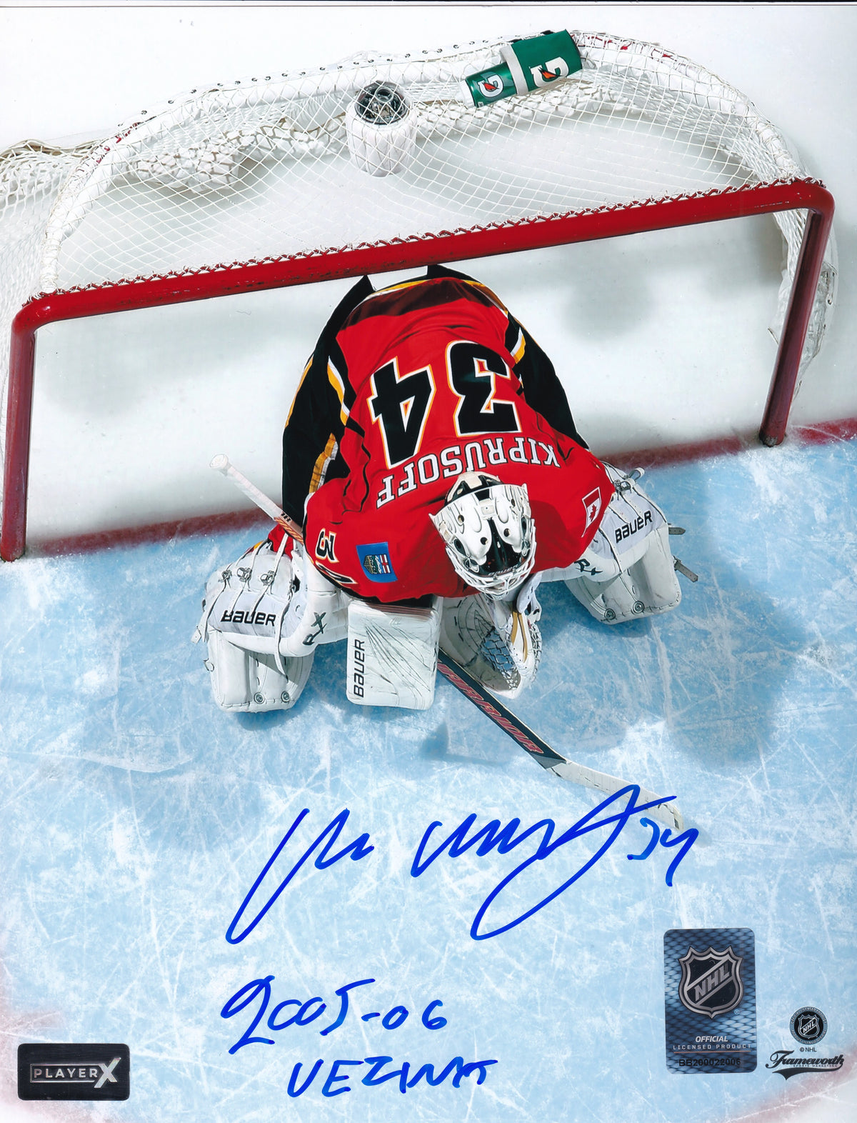 Miikka Kiprusoff Signed Calgary Flames 8x10 Photo with Inscribed "2005-06 Vezina" with COA - Autographed - Auto