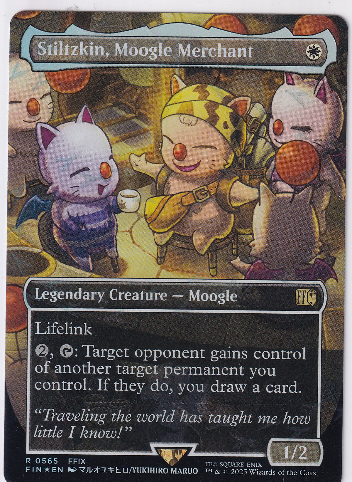 Stiltzkin, Moogle Merchant R 0565 (Borderless) (Chocobo Track Foil) Magic The Gathering Commander FINAL FANTASY