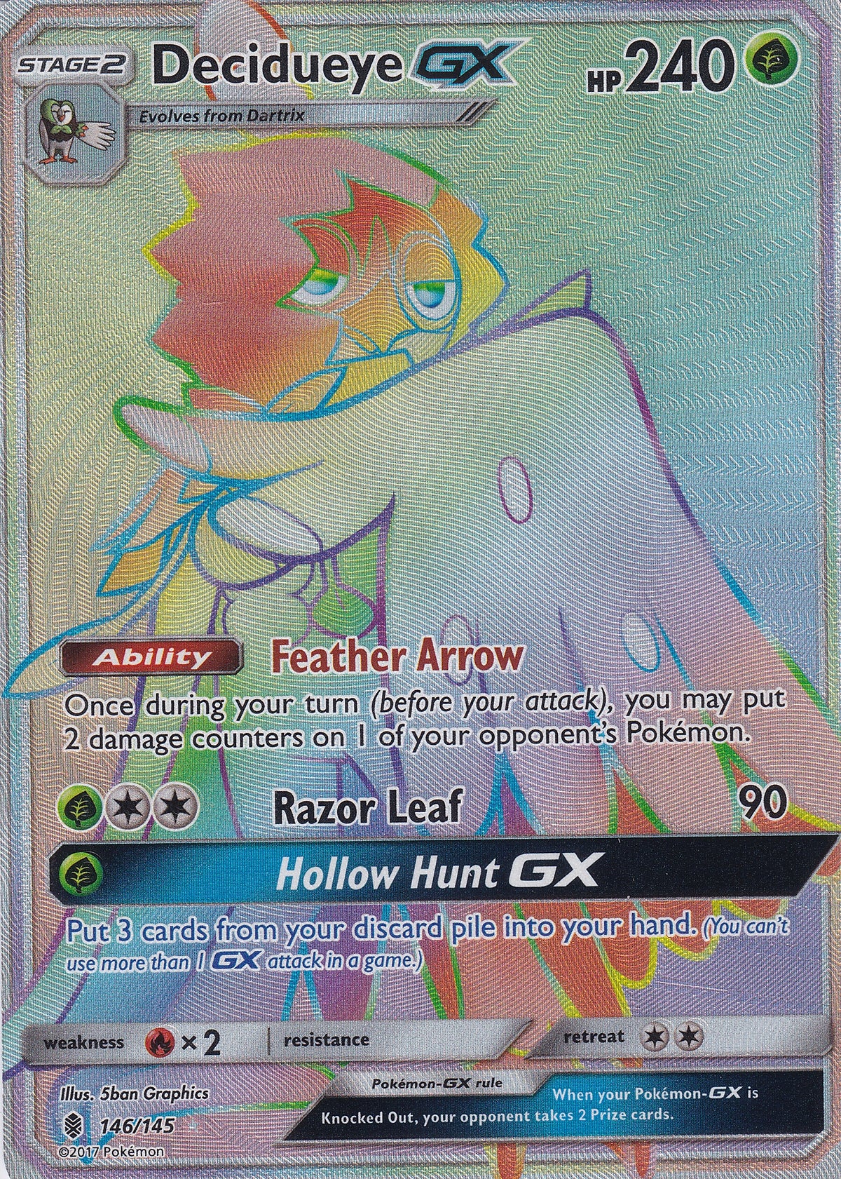 Decidueye GX Secret Rare - Guardians Rising 146/145 Pokemon Card
