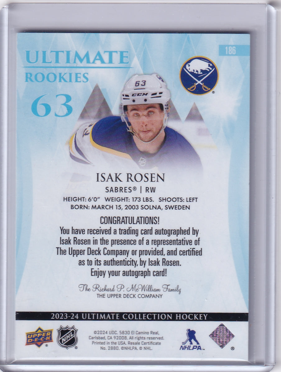 Isak Rosen Ultimate Rookies Auto Card /299 #186 2023-24 Upper Deck Ultimate Collection Rookie Card RC Buffalo Sabres