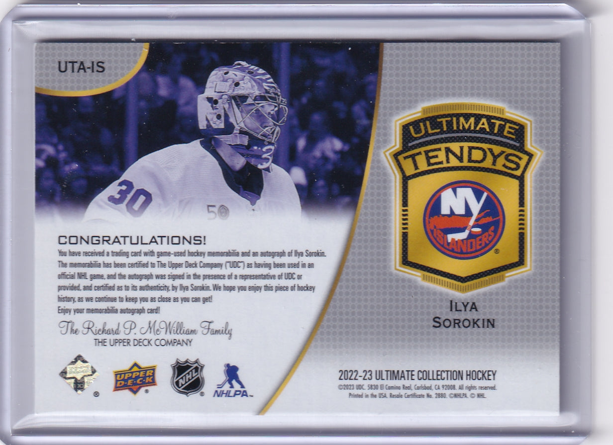 Ilya Sorokin Ultimate Jersey Autograph Tendys /99 UTA-IS 2022-23 UD Ultimate Collection