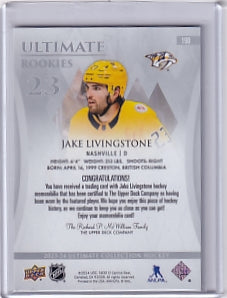 Jake Livingstone Ultimate Rookie Jersey /599 Card #190 2023-24 Upper Deck Ultimate Collection Rookie Card RC Nashville Predators