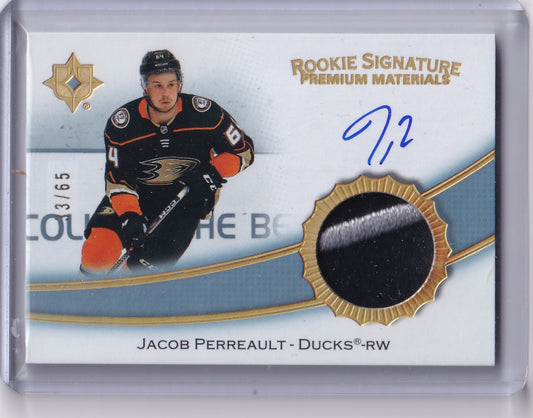 Jacob Perreault Rookie Signature Premium Materials Auto /65 Card RSP-JP 2022-23 Upper Deck Ultimate Collection Rookie Card RC Anaheim Ducks (2023-24 Update)