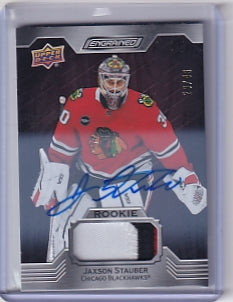 Jaxson Stauber Engrained Rookie Mahogany Patch Auto 29/49 Card #155 2023-24 Upper Deck Engrained Rookie Card RC Chicago Blackhawks