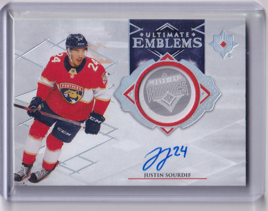 Justin Sourdif Ultimate Emblems Rookie Auto Card UE-SO 2023-24 Upper Deck Ultimate Collection Rookie Card RC Florida Panthers
