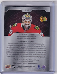 Jaxson Stauber Engrained Rookie Mahogany Patch Auto 29/49 Card #155 2023-24 Upper Deck Engrained Rookie Card RC Chicago Blackhawks
