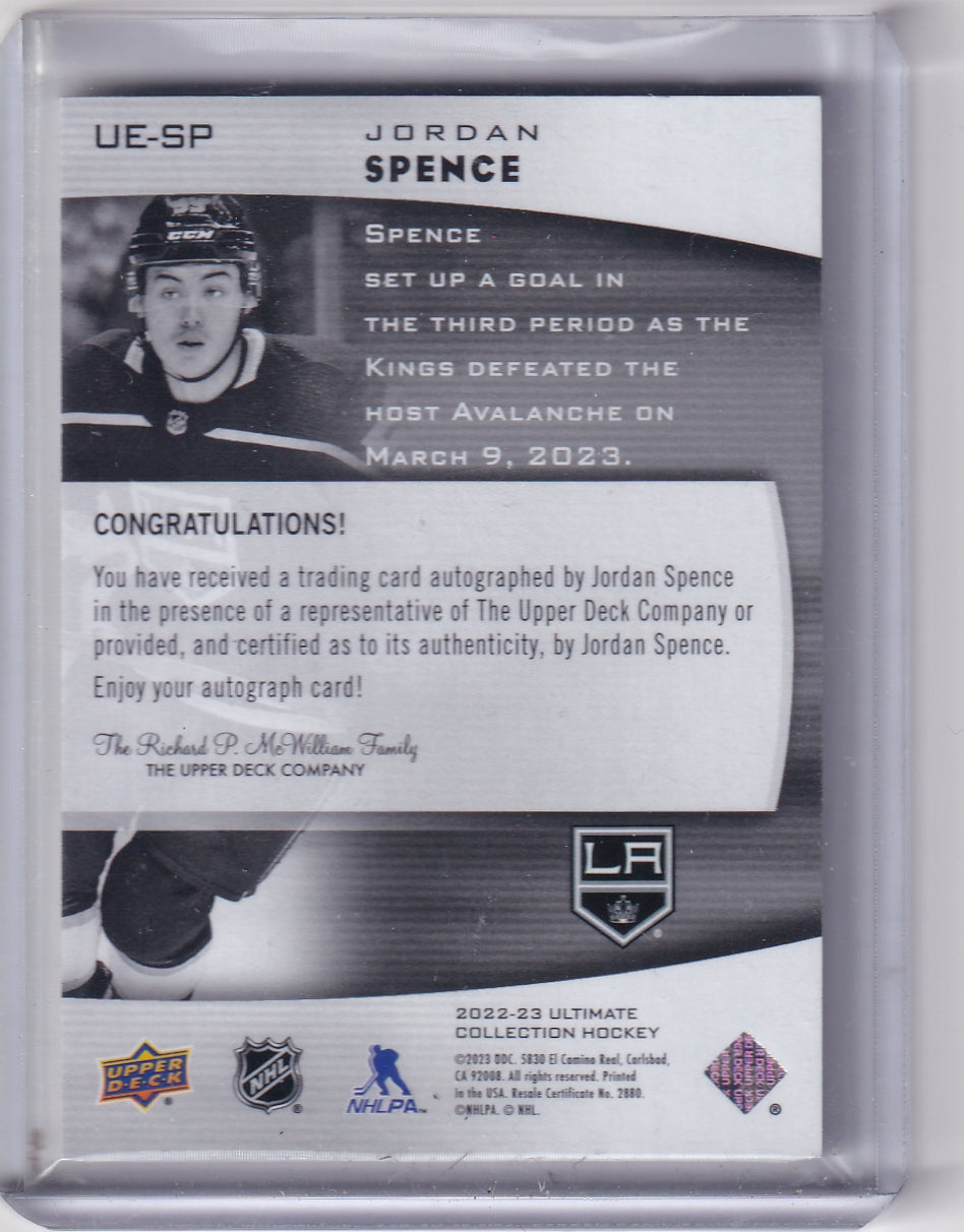 Jordan Spence Ultimate Emblems Rookie Auto Card UE-SP 2022-23 Upper Deck Ultimate Collection Rookie Card RC Los Angeles Kings (2023-24 Update)