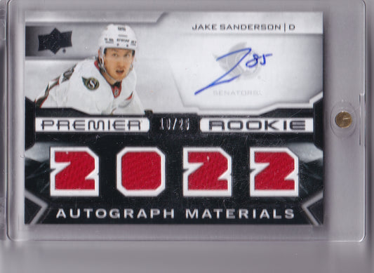 Jake Sanderson Premier Rookie Autograph Materials /25 PRA-SA 2022-23 Upper Deck Premier Rookie Card RC Ottawa Senators
