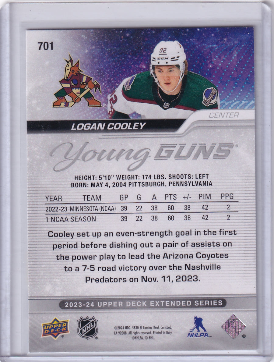 Logan Cooley Young Guns Rookie #701 2023-24 Upper Deck Extended Series Rookie Card RC Arizona Coyotes