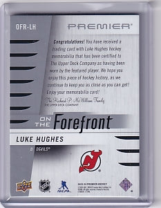 Luke Hughes On The Forefront Rookie Patch 06/75 Card OFR-LH 2023-24 Upper Deck Premier Rookie Card RC New Jersey Devils