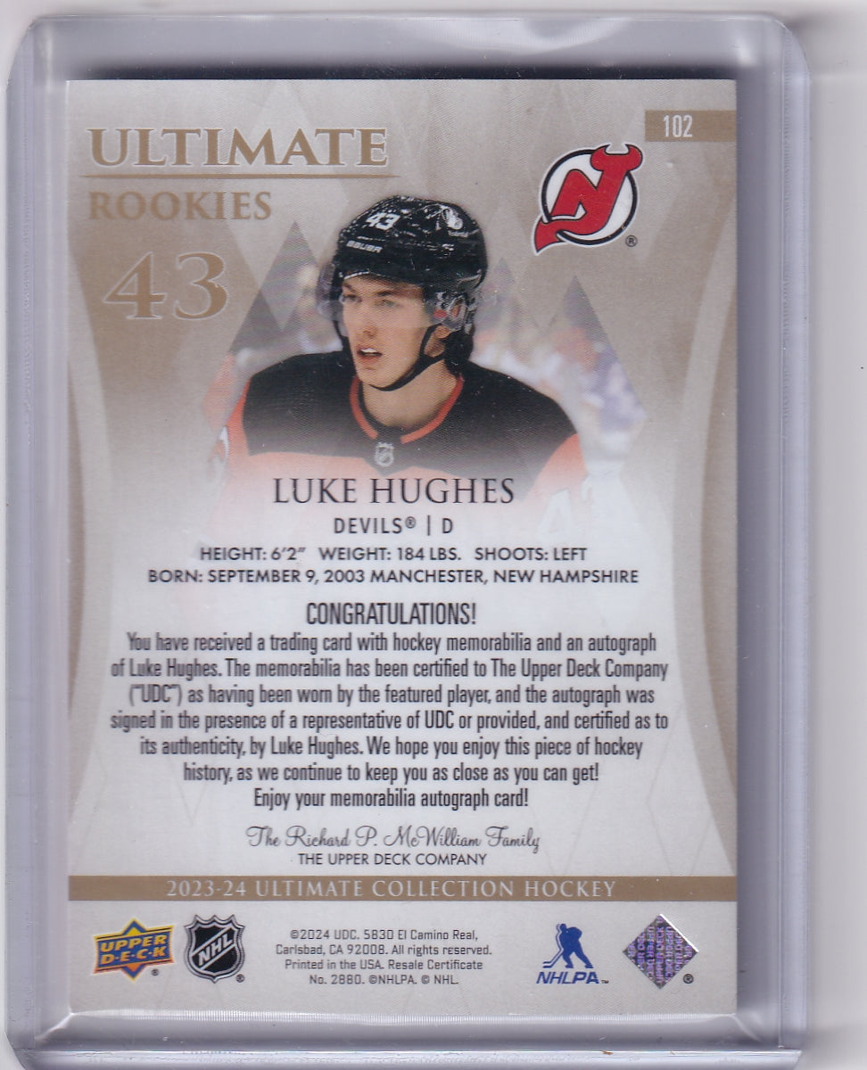 Luke Hughes Ultimate Rookie Patch Auto RPA /49 Card #102 2023-24 Upper Deck Ultimate Collection Rookie Card RC New Jersey Devils