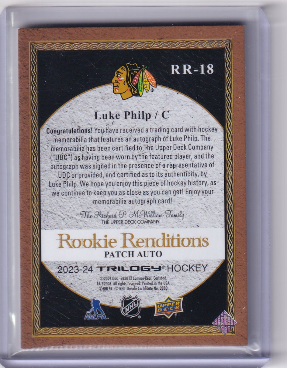 Luke Philp Rookie Renditions Patch Auto /25 RR-18 2023-24 Upper Deck Trilogy Rookie Card RC Chicago Blackhawks