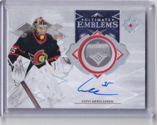 Leevi Merilainen Ultimate Emblems Rookie Auto Card UE-LM 2023-24 Upper Deck Ultimate Collection Rookie Card RC Ottawa Senators