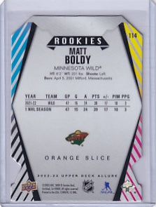 Matt Boldy Orange Slice Die Cut Rookie Card #114 2022-23 Upper Deck Allure Rookie Card RC Minnesota Wild