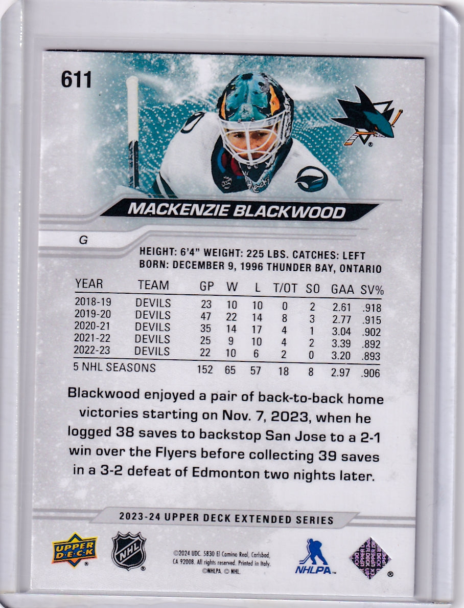 Mackenzie Blackwood Red Outburst /25 #611 2023-24 Upper Deck Extended Series San Jose Sharks
