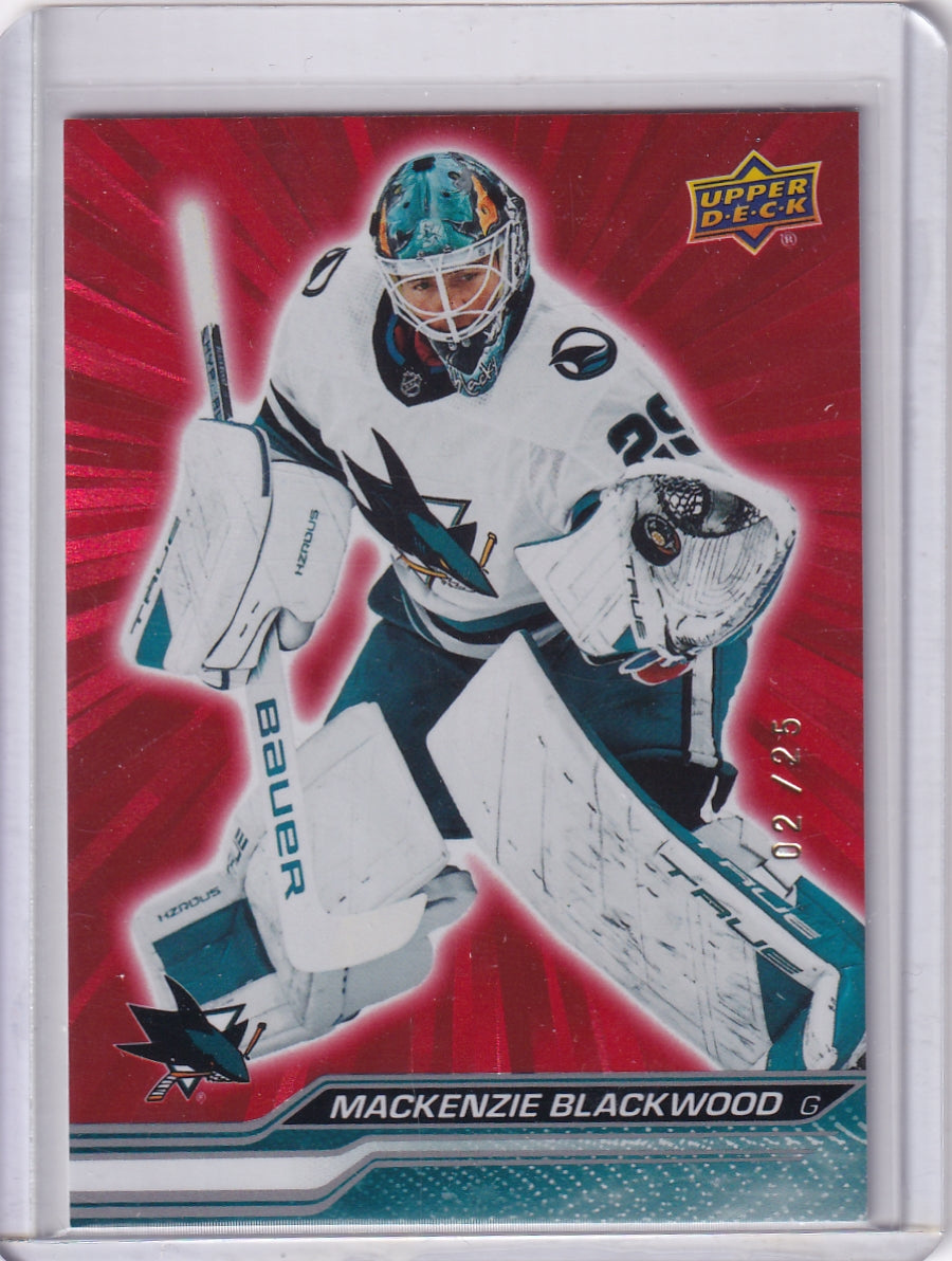 Mackenzie Blackwood Red Outburst /25 #611 2023-24 Upper Deck Extended Series San Jose Sharks