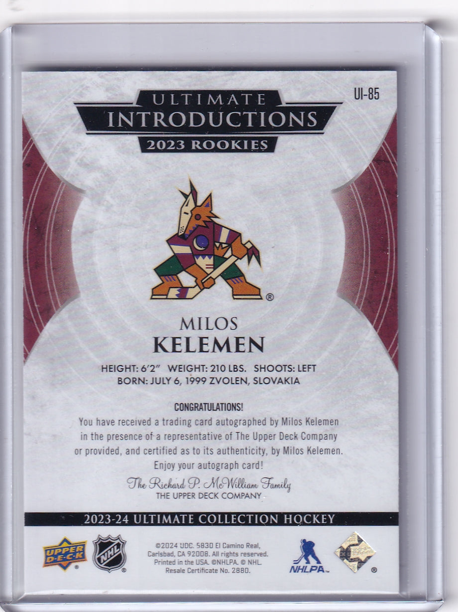 Milos Kelemen Ultimate Introductions Rookie Auto Card UI-85 2023-24 Upper Deck Ultimate Collection Rookie Card RC Arizona Coyotes
