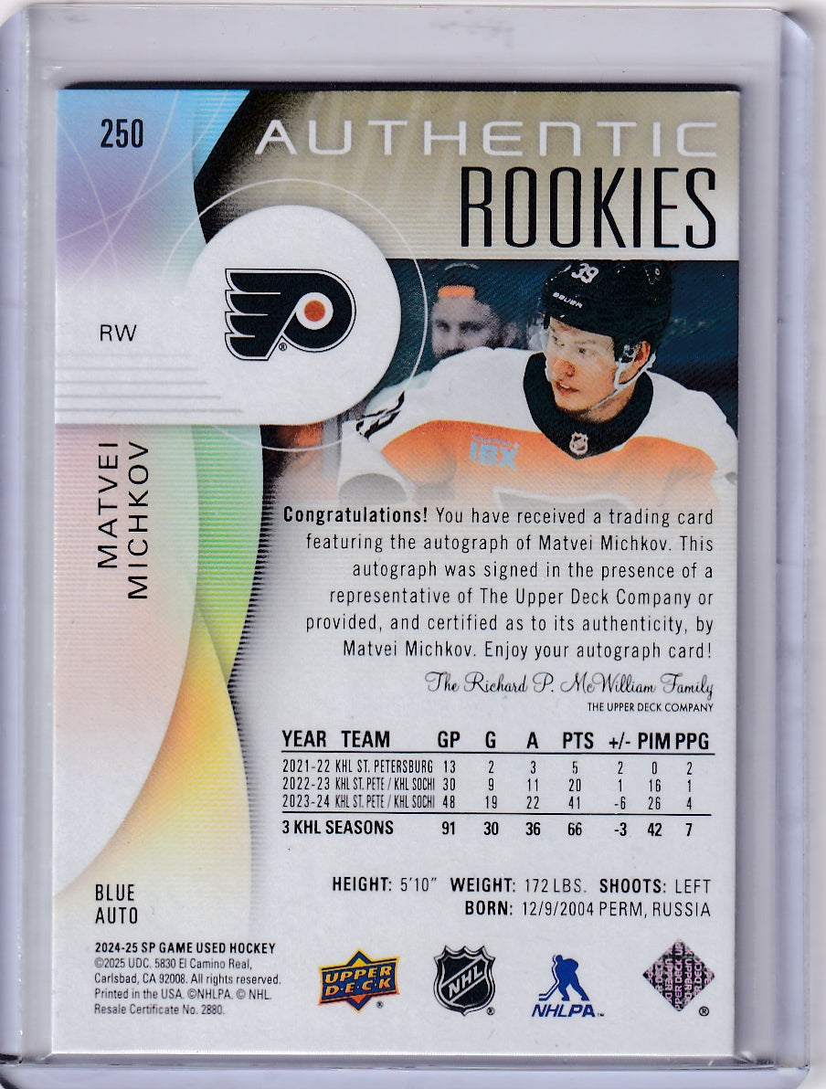 Matvei Michkov Authentic Rookies Blue Auto #250 2024-25 Upper Deck SP Game Used Rookie Card RC Philadelphia Flyers
