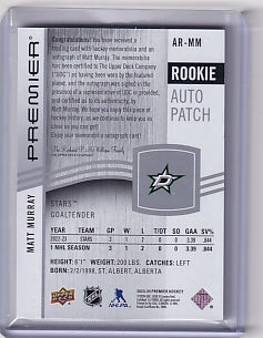 Matt Murray Premier Acetate Rookie Auto Patch 217/249 Card AR-MM 2023-24 Upper Deck Premier Rookie Card RC Dallas Stars