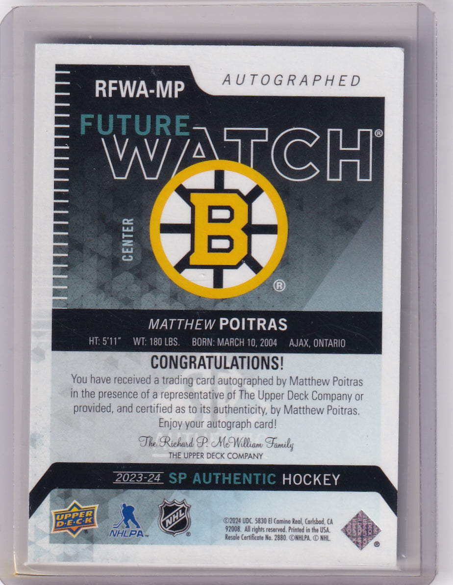 Matthew Poitras Retro Future Watch Auto /199 RFWA-MP 2023-24 Upper Deck SP Authentic Rookie Card RC Boston Bruins