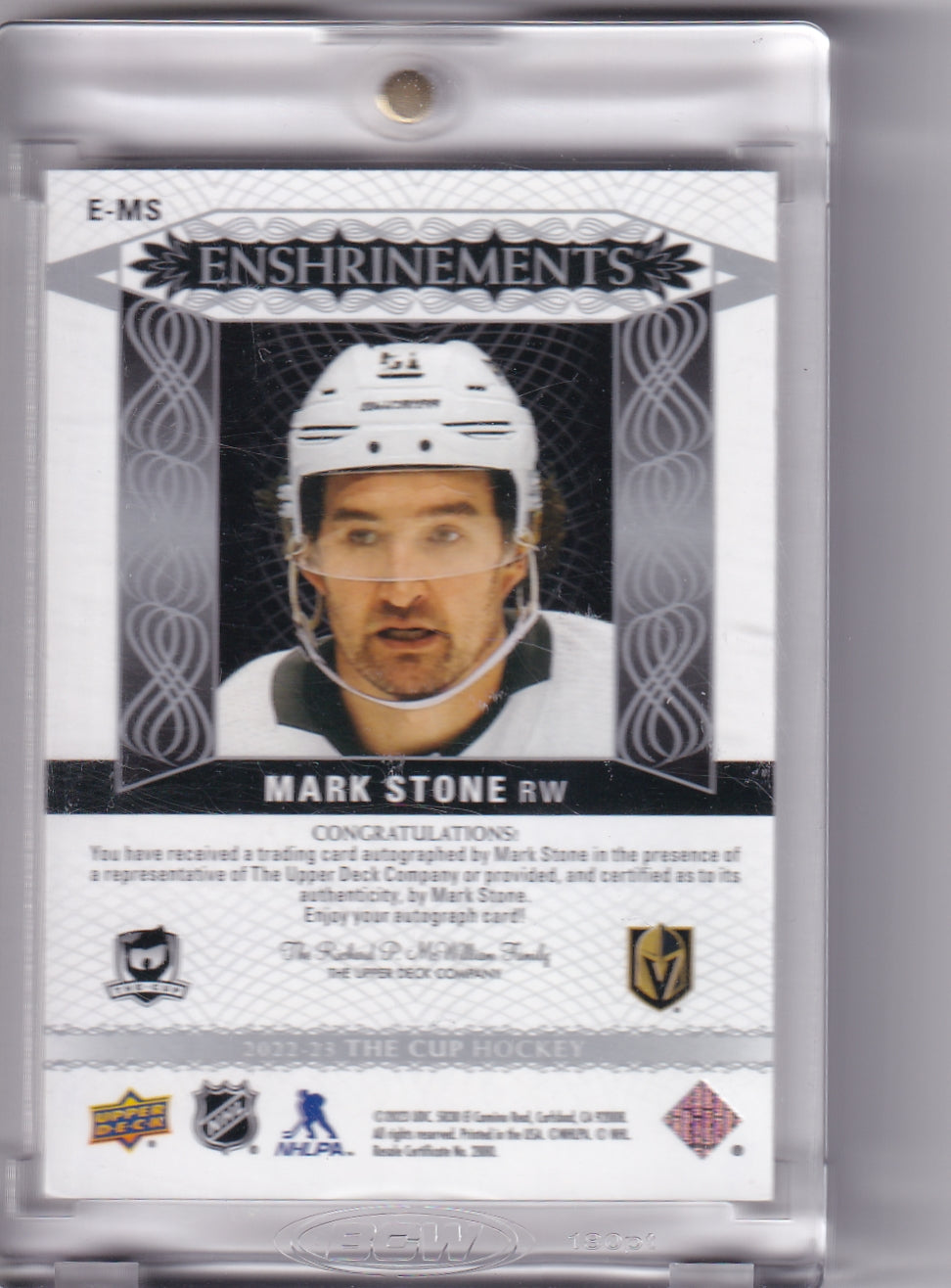 Mark Stone Enshrinements Auto /99 E-MS 2022-23 Upper Deck The Cup Vegas Golden Knights