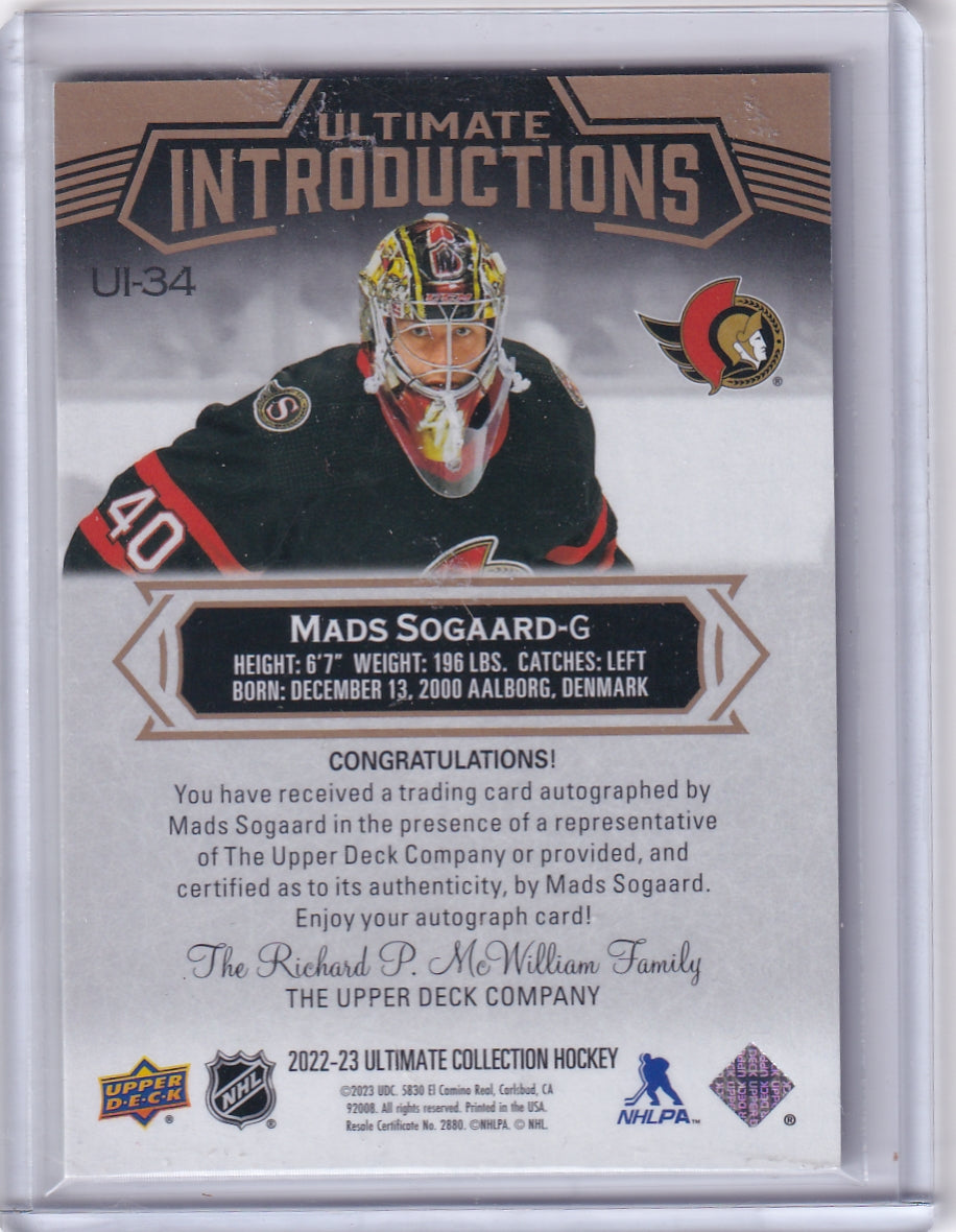 Mads Sogaard Ultimate Introductions /50 Card UI-34  2022-23 Upper Deck Ultimate Collection Rookie Card RC Ottawa Senators (2023-24 Update)