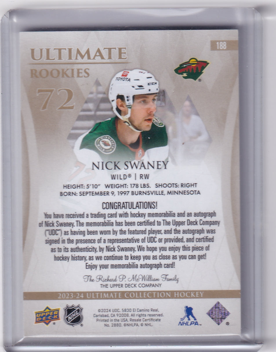 Nick Swaney Ultimate Rookie Patch Auto RPA /99 Card #188 2023-24 Upper Deck Ultimate Collection Rookie Card RC Minnesota Wild