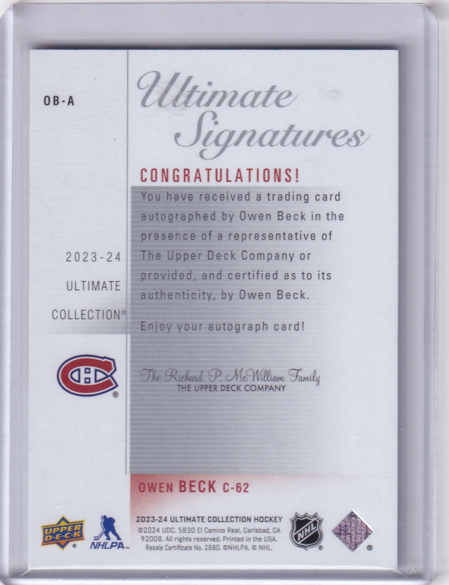 Owen Beck Ultimate 03-04 Retro Signatures Rookie Auto /65 Card OB-A 2023-24 Upper Deck Ultimate Collection Rookie Card RC Montreal Canadiens