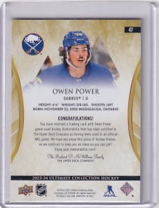 Owen Power Jumbo Jersey /149 Card #47 2023-24 Upper Deck Ultimate Collection Buffalo Sabres