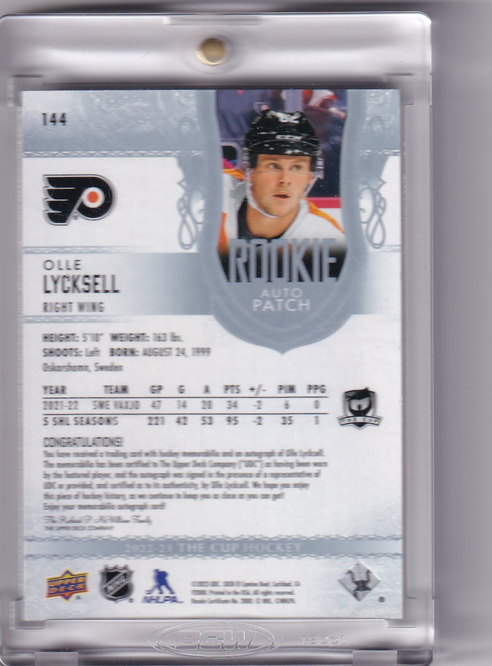 Olle Lycksell Rookie Patch Auto /249 #144 2022-23 Upper Deck The Cup Rookie Card RC Philadelphia Flyers