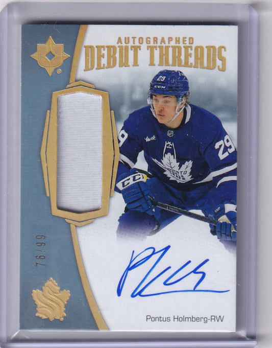 Pontus Holmberg Autographed Debut Threads Rookie Patch Auto RPA /99 Card ADT-PH 2022-23 Upper Deck Ultimate Collection Rookie Card RC Toronto Maple Leafs (2023-24 Update)